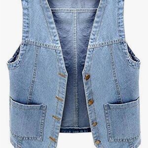 Ladyful Women's Sleeveless Denim Vest V Neck Button Down Jean Waistcoat Jacket